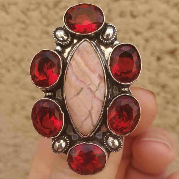 New Oversized Rhodochrosite & Garnet 925 Silver Statement Ring. - Picture 1 of 16